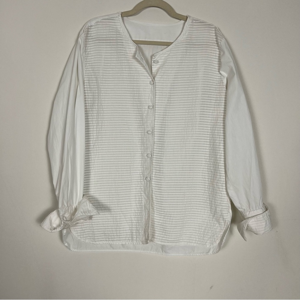 Eloise Pintucked White Cotton Band-Collar Blouse, Made in France